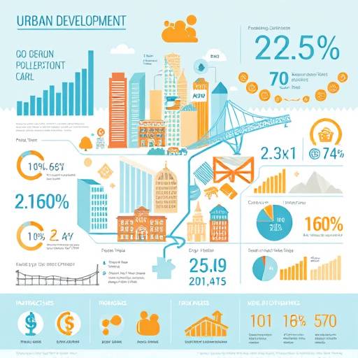 A complex infographic showing urban development metrics like population growth, infrastructure development, and economic indicators.