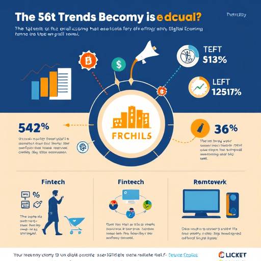 A dynamic infographic illustrating key trends in the digital economy, focusing on growth in e-commerce, fintech, and remote work.