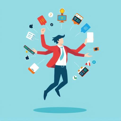 A graphic illustrating a person juggling multiple tasks and technologies, symbolizing the evolving future of work.