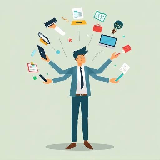 A graphic illustrating a person juggling multiple tasks and technologies, symbolizing the evolving future of work.