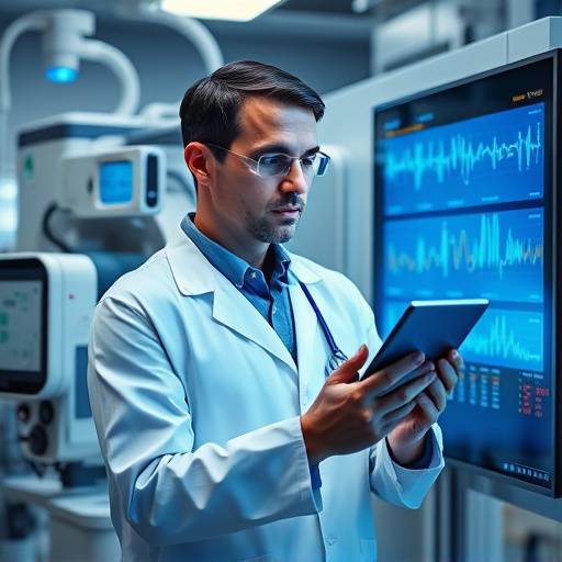A scientist in a lab coat examining advanced medical equipment and digital health records, representing healthcare innovation.
