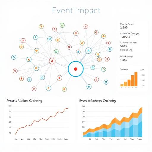 A visual representation of data analytics for event impact, showing interconnected nodes and growth charts.