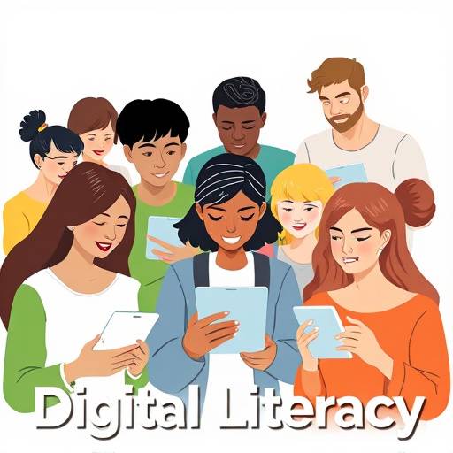 An illustration of a diverse group of people interacting with digital devices, representing digital literacy.