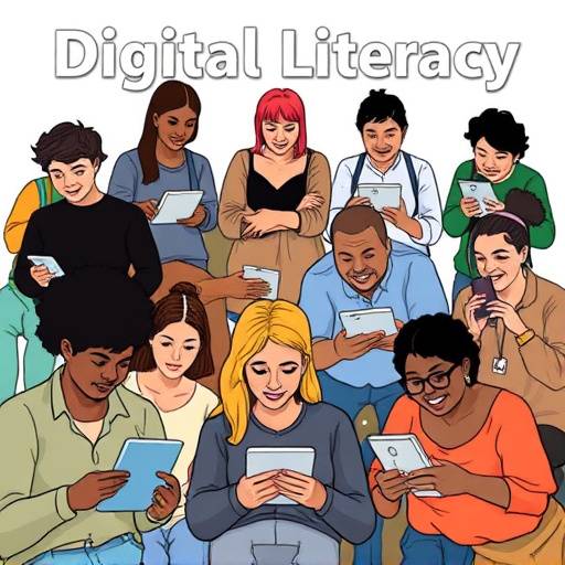 An illustration of a diverse group of people interacting with digital devices, representing digital literacy.