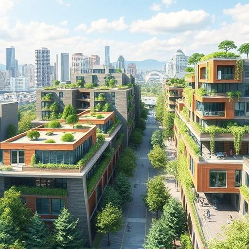 Architectural renderings of sustainable urban development projects, showcasing green spaces and eco-friendly buildings in a city setting.