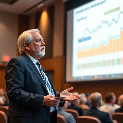 Dr. Elias Vance, a distinguished economist, presenting economic trends with charts and graphs on a large screen in a conference hall.
