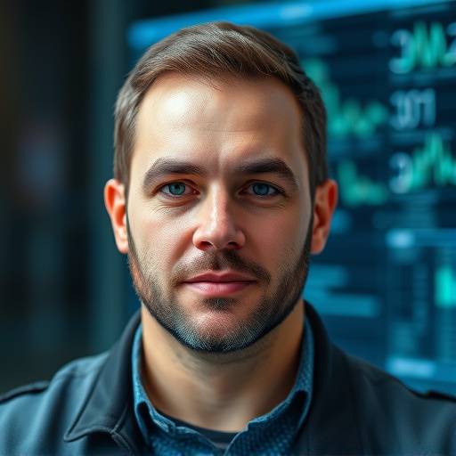 Portrait of Benjamin Carter, a man with sharp features and a focused expression, representing a skilled data analyst.